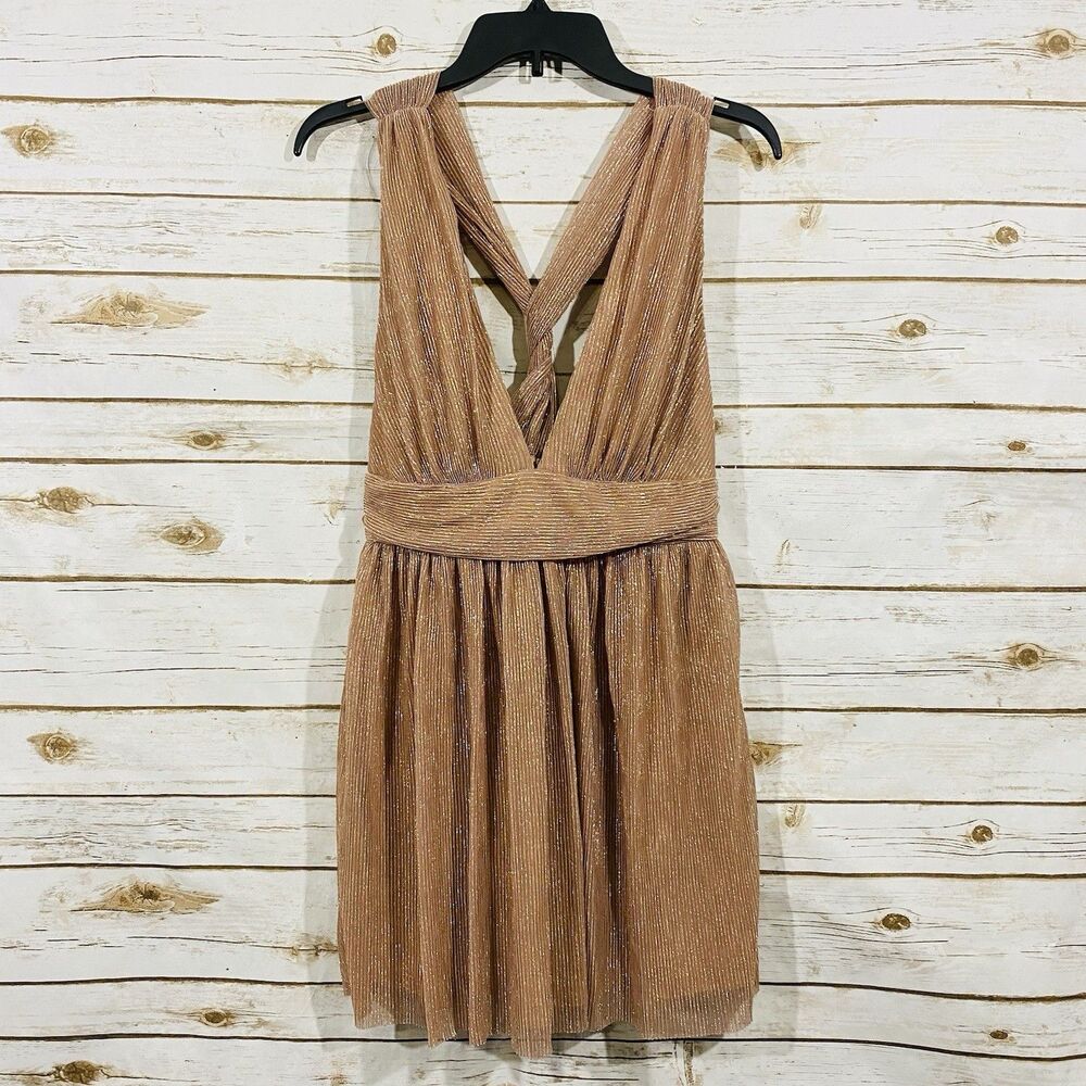 Lulus Women Metallic Pleated Mini Dress Plunging V-Neck Rose Gold Size M